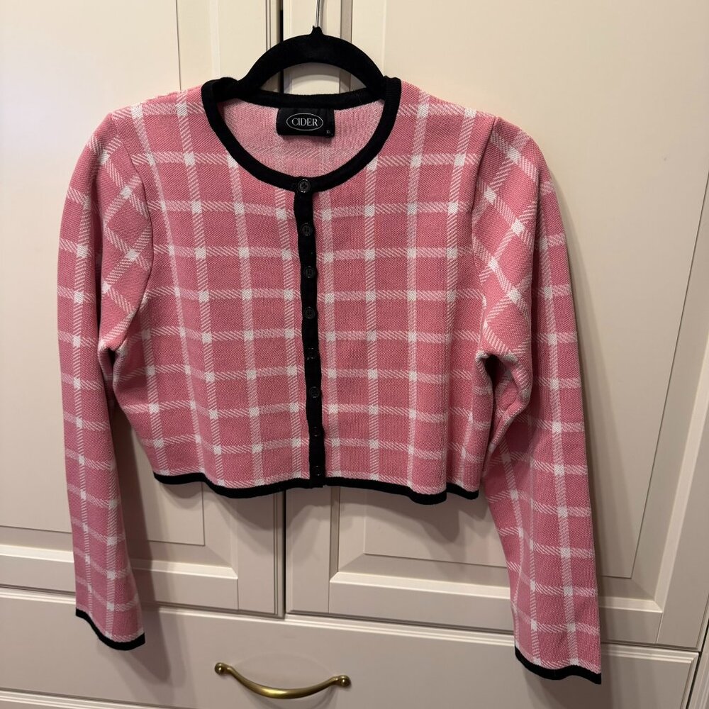 CIDER Pink Plaid‎ Cropped Buttoned Down Cardigan Sweater (Size XL) VERY CUTE!